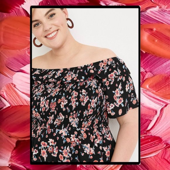 Maurice's Plus Size Black Floral Smocked Off the Shoulder Top 2X & 3X - Picture 5 of 12